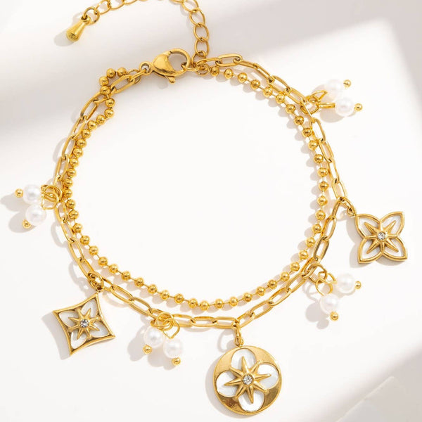 Bracelet double tour trèfle fleurs