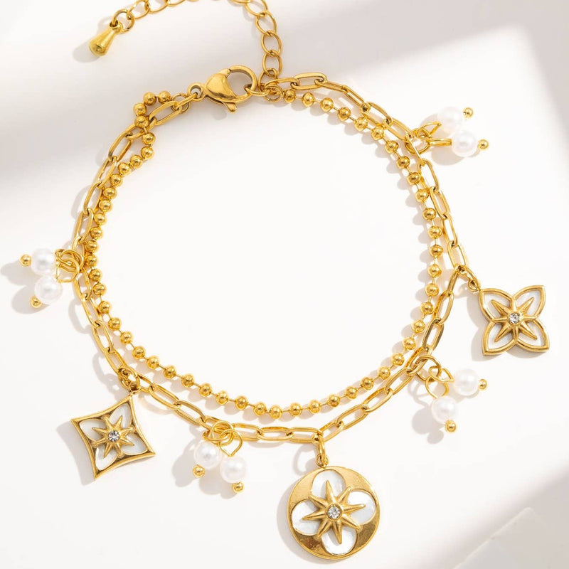 Bracelet double tour trèfle fleurs
