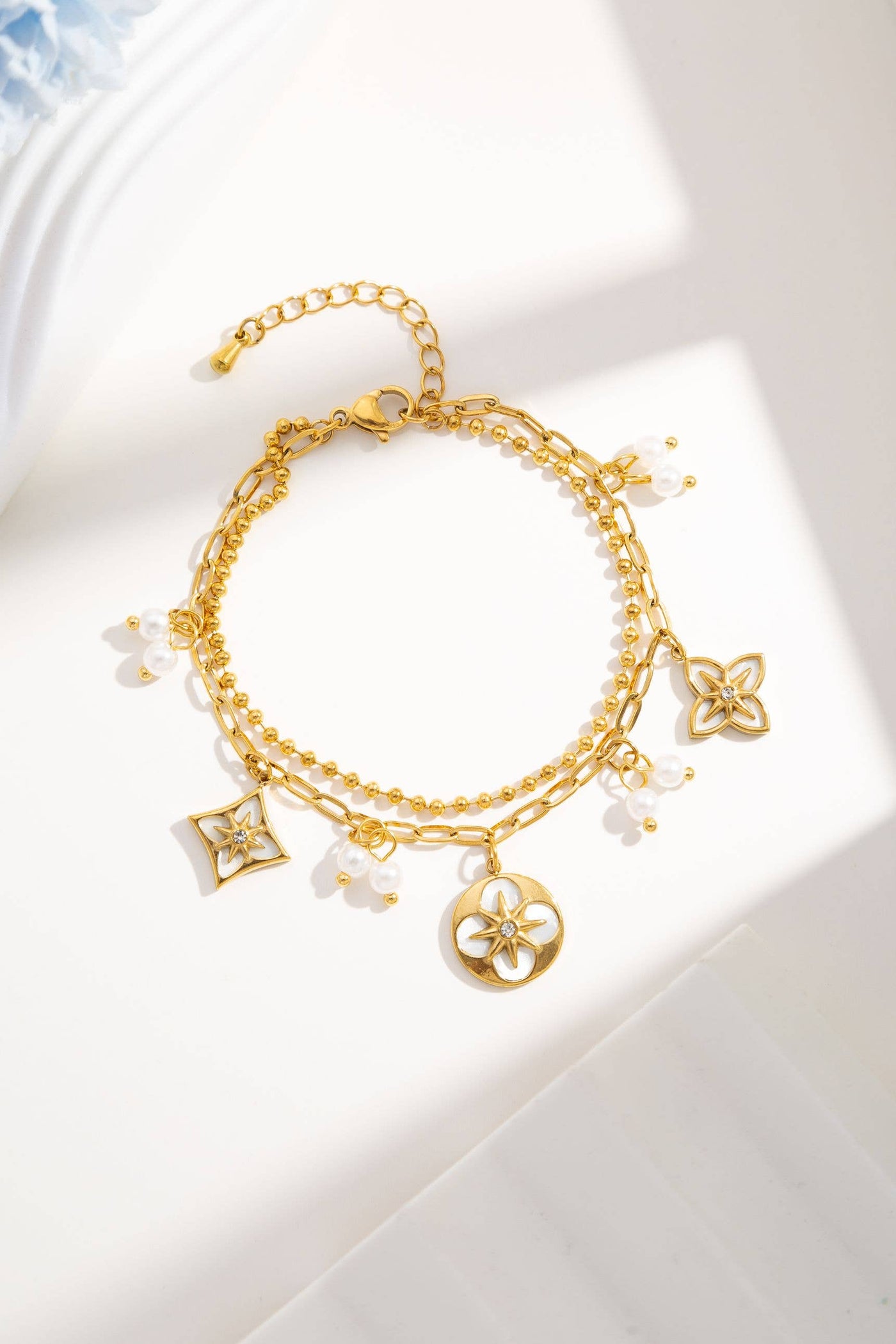 Bracelet double tour trèfle fleurs